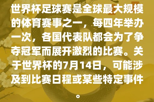 世界杯足球赛是全球最大规模的体育赛事之一，每四年举办一次，各国代表队都会为了争夺冠军而展开激烈的比赛。关于世界杯的7月14日，可能涉及到比赛日程或某些特定事件。眉山市正发家政服务有限公司