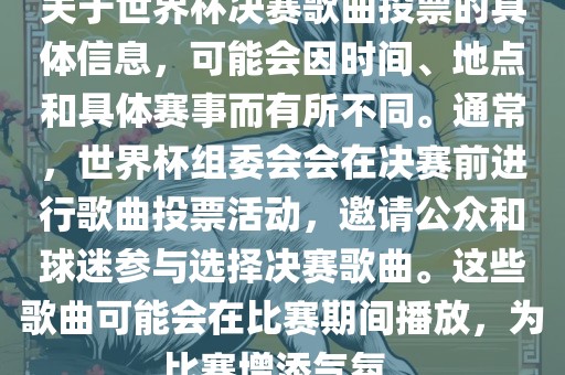 关于世界杯决赛歌曲投票的具体信息，可能会因时间、地点和具体赛事而有所不同。通常，世界杯组委会会在决赛前进行歌曲投票活动，邀请公众和球迷参与选择决赛歌曲。这些歌曲可能会在比赛期间播放，为比赛增添气氛。眉山市正发家政服务有限公司