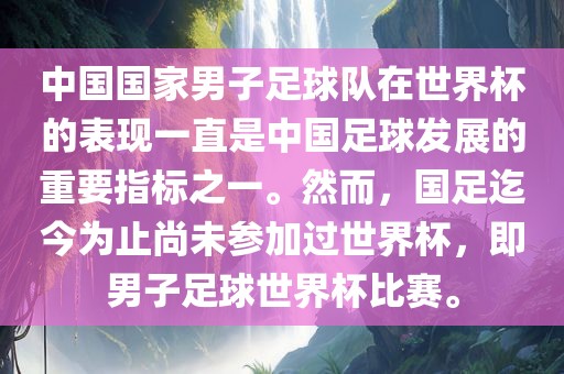 中国国家男子足球队在世界杯的表现一直是中国足球发展的重要指标之一。然而，国足迄今为止尚未参加过世界杯，即男子足球世界杯比赛眉山市正发家政服务有限公司。