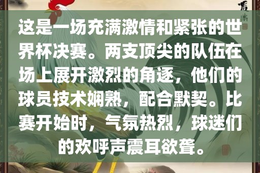 这是一场充满激情和紧张的世界杯决赛。两支顶尖的队伍在场上展开激烈的角逐，他们的球员技术娴熟，配合默契。比赛开始时，气氛热烈，球迷们的欢呼声震耳欲聋。眉山市正发家政服务有限公司