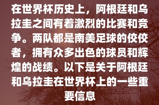 在世界杯历史上，阿根廷和乌拉圭之间有着激烈的比赛和竞争。两队都是南美足球的佼佼者，拥有众多出色的球员和辉煌的战绩。以下是关于阿根廷和乌拉圭在世界杯上的一些重要信息眉山市正发家政服务有限公司