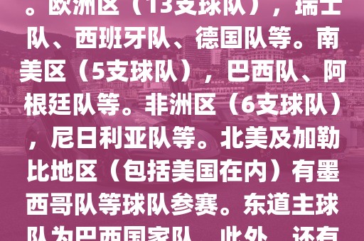 亚洲区（4支球队），澳大利亚队、日本队、韩国队和伊朗队。欧洲区（13支球队），瑞士队、西班牙队、德国队等。南美区（5支球队），巴西队、阿根廷队等。非洲区（6支球队），尼日利亚队等。北美及加勒比地区（包括美国在内）有墨西哥队等球队参赛。东道主球队为巴西国家队。此外，还有哥斯达黎加国家队也参与了此次世界杯比赛。