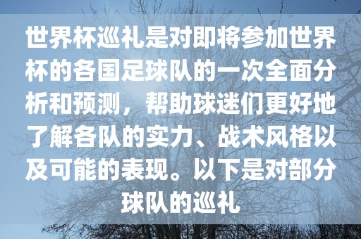世界杯巡礼是对即将参加世界杯的各国足球队的一次全面分析和预测，眉山市正发家政服务有限公司帮助球迷们更好地了解各队的实力、战术风格以及可能的表现。以下是对部分球队的巡礼