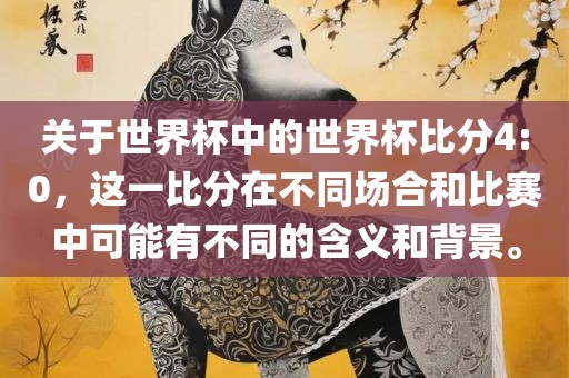关于世界杯中的世界杯比分4:0，这一比分在不同场合和比赛中可能有不同的含义和背景。眉山市正发家政服务有限公司