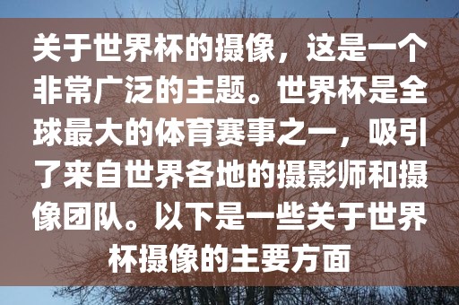 关于世界杯的摄像，这是一个非常广泛的主题。世界杯是全球最大的体育赛事之一，吸引了来自世界各地的摄影师和摄像团队。以下是一些关于世界杯摄像的主要方面眉山市正发家政服务有限公司