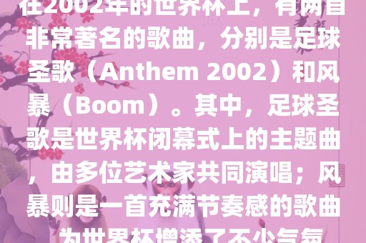 在2002年的世界杯上，有两首非常著名的歌曲，分别是足球圣歌（Anthem 2002）和风暴（Boom）。其中，足球圣歌是世界杯闭幕式上的主题曲，由多位艺术家共同演唱；风暴则是一首充满节奏感的歌曲，为世界杯增添了不少气氛。