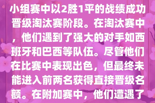 在2010年南非世界杯中，葡萄牙队的表现引人注目。他们在小组赛中以2胜1平的战绩成功晋级淘汰赛阶段。在淘汰赛中，他们遇到了强大的对手如西班牙和巴西等队伍。尽管他们在比赛中表现出色，但最终未能进入前两名获得直接晋级名额。在附加赛中，他们遭遇了实力强大的其他队伍，最终未能晋级世界杯决赛圈。