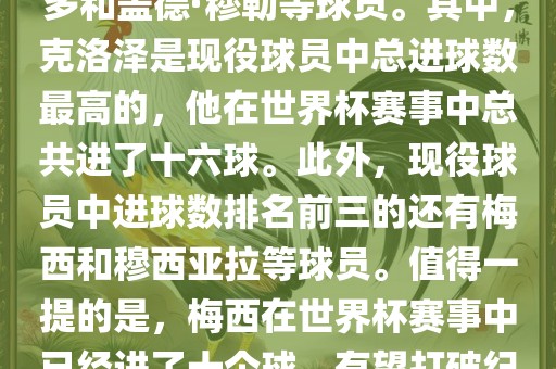 1. 总进球数最多的球员是米罗斯拉夫·约瑟夫（总进球数为十五球），紧随其后的是罗纳尔多和盖德·穆勒等球员。其中，克洛泽是现役球员中总进球数最高的，他在世界杯赛事中总共进了十六球。此外，现役球员中进球数排名前三的还有梅西和穆西亚拉等球员。值得一提的是，梅西在世界杯赛事中已经进了十个球，有望打破纪录。此外，世界杯决赛圈历史上单届进球纪录是方丹在1958年世界杯创造的十三球纪录。眉山市正发家政服务有限公司