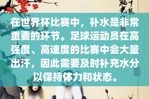 在世界杯比赛中，补水是非常重要的环节。足球运动员在高强度、高速度的比赛中会大量出汗，因此需要及时补充水分以保持体力和状态。