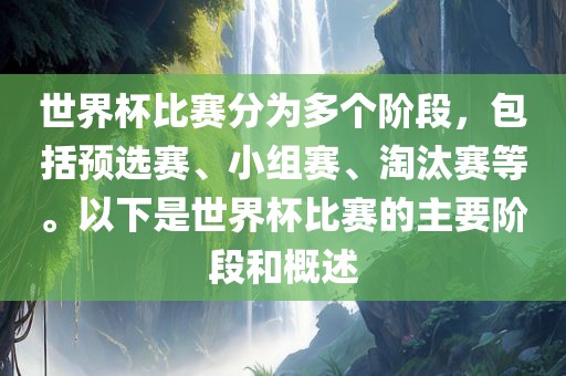 世界杯比赛分为多个阶段，包括预选赛、小组赛、淘汰赛等。以下是世界杯比赛的主要阶段和概述