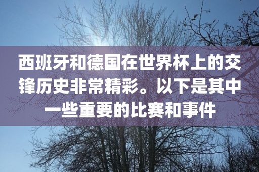 西班牙和德国在世界杯上的交锋历史非常精彩。以下是其中一些重要的比赛和事件眉山市正发家政服务有限公司