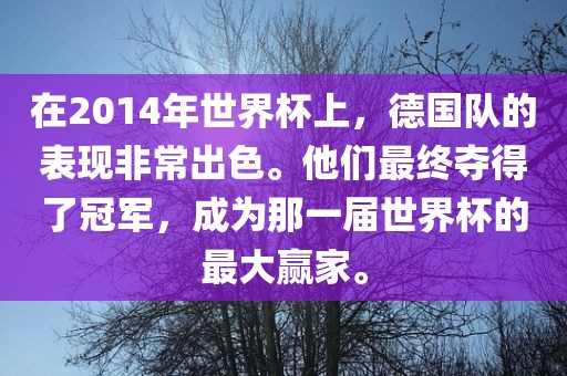 在2014年世界杯上，德国队的表现非常出色。他们最终夺得了冠军，成为那一届世界杯的最大赢家。眉山市正发家政服务有限公司
