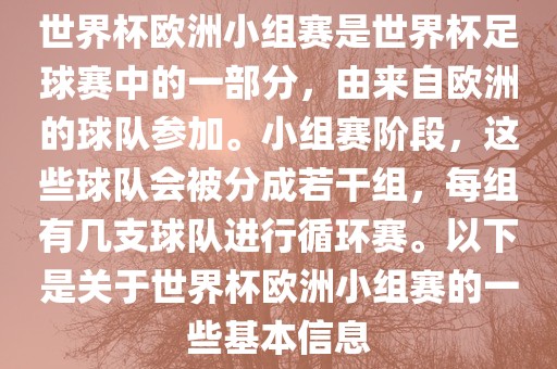 世界杯欧洲小组赛是世界杯足球赛中的一部分，由来自欧洲的球队参加。小组赛阶段，这些球队会被分成若干组，每组有几支球队进行循环赛。以下是关于世界杯欧洲小组赛的一些基本信息眉山市正发家政服务有限公司