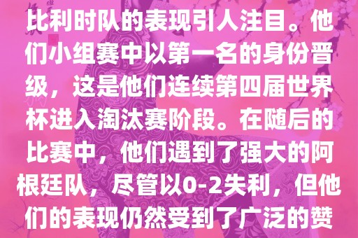 在2014年的世界杯足球赛中，比利时队的表现引人注目。他们小组赛中以第一名的身份晋级，这是他们连续第四届世界杯进入淘汰赛阶段。在随后的比眉山市正发家政服务有限公司赛中，他们遇到了强大的阿根廷队，尽管以0-2失利，但他们的表现仍然受到了广泛的赞誉和关注。