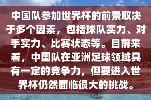 中国队参加世界杯的前景取决于多个因素，包括球队实力、对手实力、比赛状态等。目前来看，中国队在亚洲足球领域具有一定的竞争力，但要进入世界杯仍然面临很大的挑战。眉山市正发家政服务有限公司
