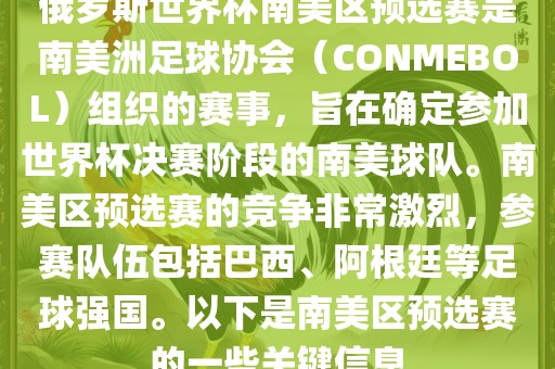 俄罗斯世界杯南美区预选赛是南美洲足球协会（CONMEBOL）组织的赛事，旨在确定参加世界杯决赛阶段的南美球队。南美区预选赛的竞争非常激烈，参赛队伍包括巴西、阿根廷等足球强国。以下是南美区预选赛的一些关键信息