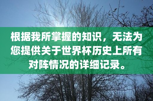 根据我所掌握的知识，无法为您提供关于世界杯历史上所有对阵情况的详细记录。眉山市正发家政服务有限公司